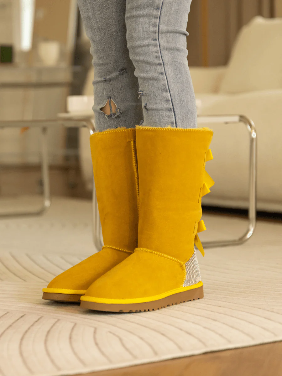 SMAIBULUN Ugg | Rhinestone Ribbon Tri-Tie Bow Suede Boots - Yellow - Image 5