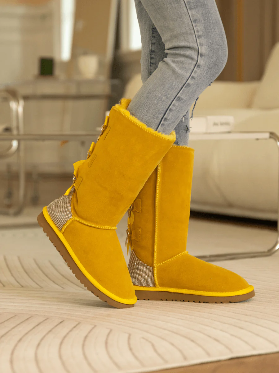 SMAIBULUN Ugg | Rhinestone Ribbon Tri-Tie Bow Suede Boots - Yellow - Image 6