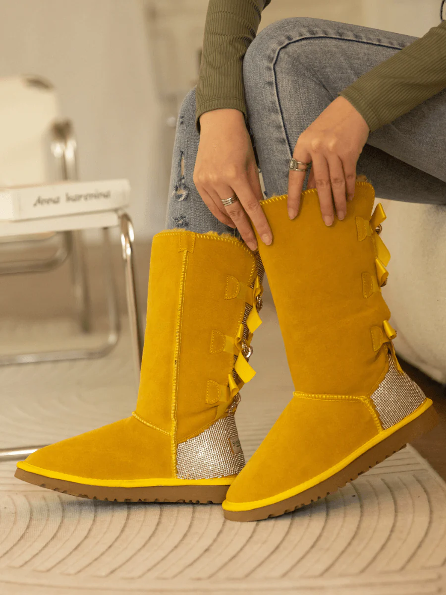 SMAIBULUN Ugg | Rhinestone Ribbon Tri-Tie Bow Suede Boots - Yellow - Image 7