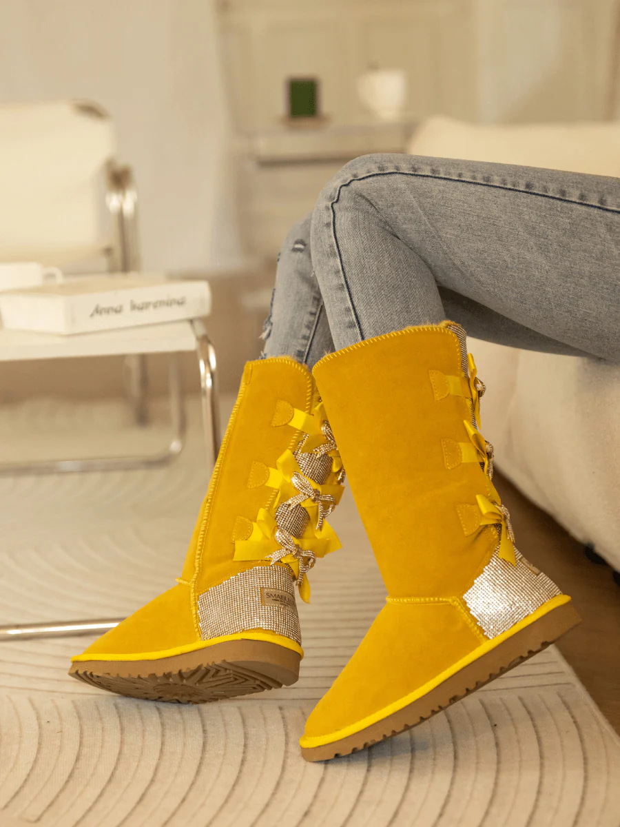 SMAIBULUN Ugg | Rhinestone Ribbon Tri-Tie Bow Suede Boots - Yellow - Image 8