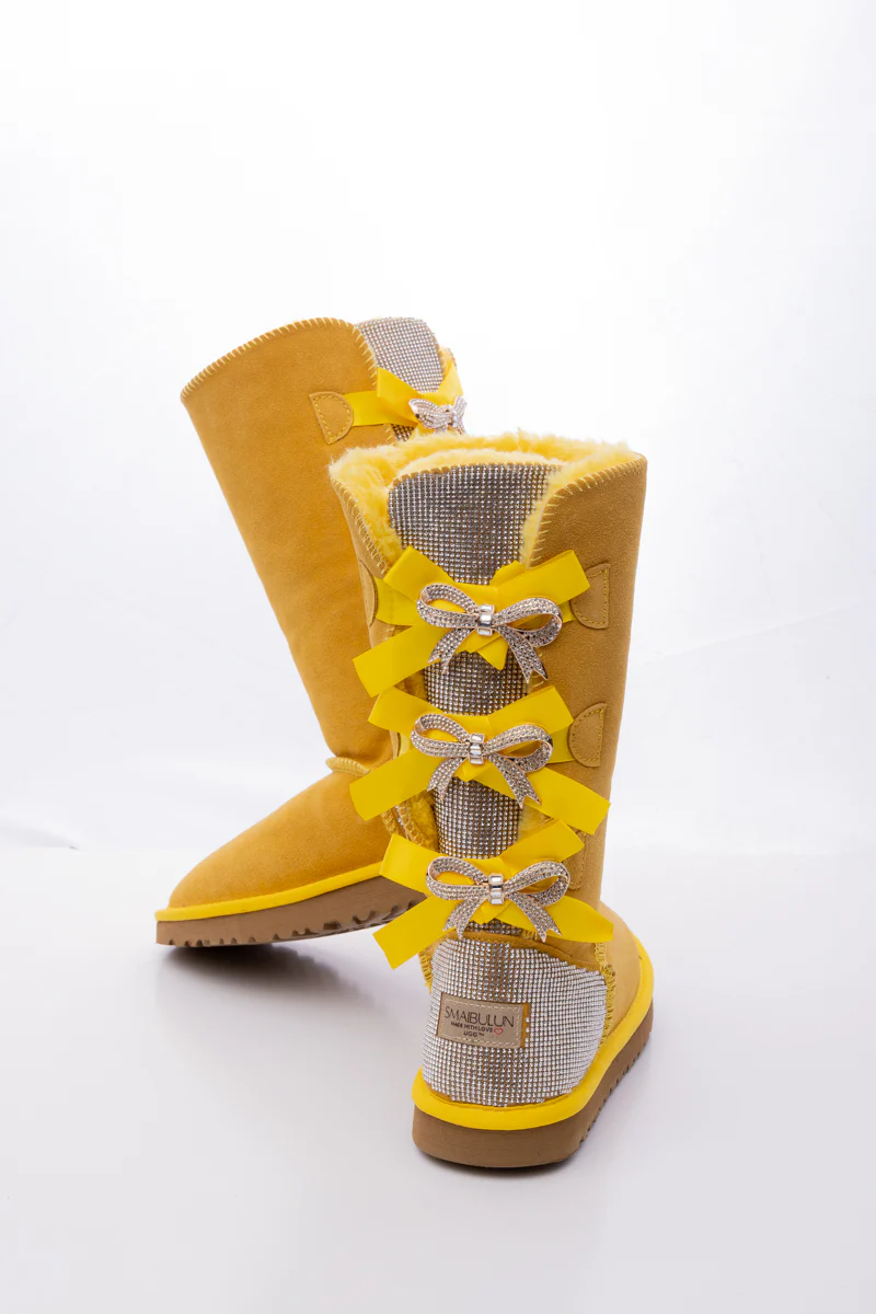 SMAIBULUN Ugg | Rhinestone Ribbon Tri-Tie Bow Suede Boots - Yellow - Image 9