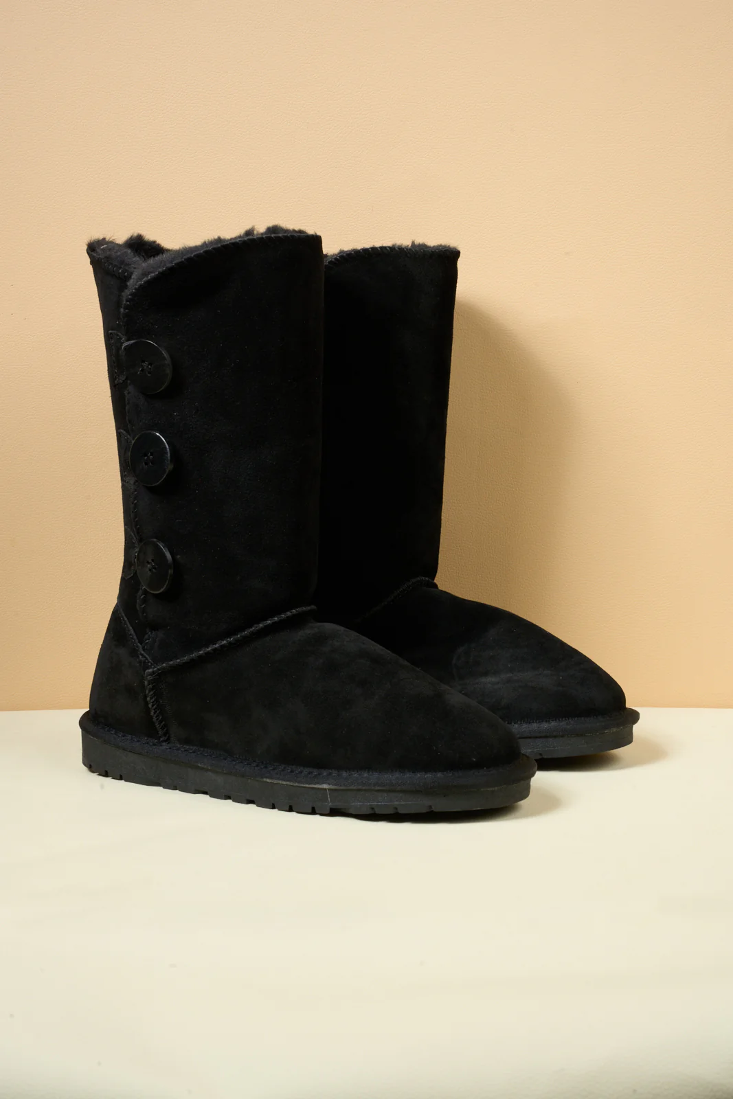 SMAIBULUN Ugg | Side Button Faux Fur-Lined Leather Suede Boots - black - Image 10
