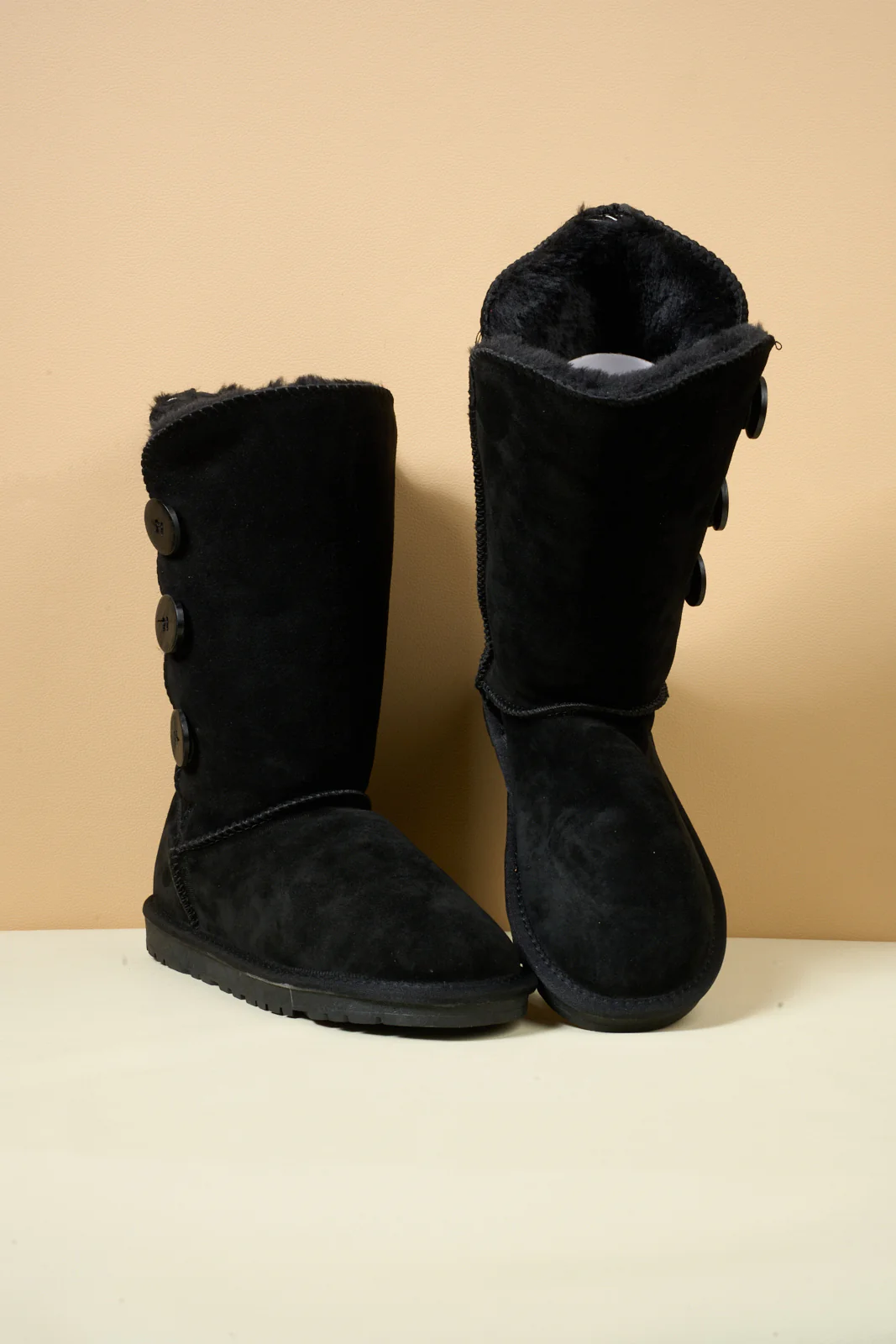 SMAIBULUN Ugg | Side Button Faux Fur-Lined Leather Suede Boots - black - Image 11