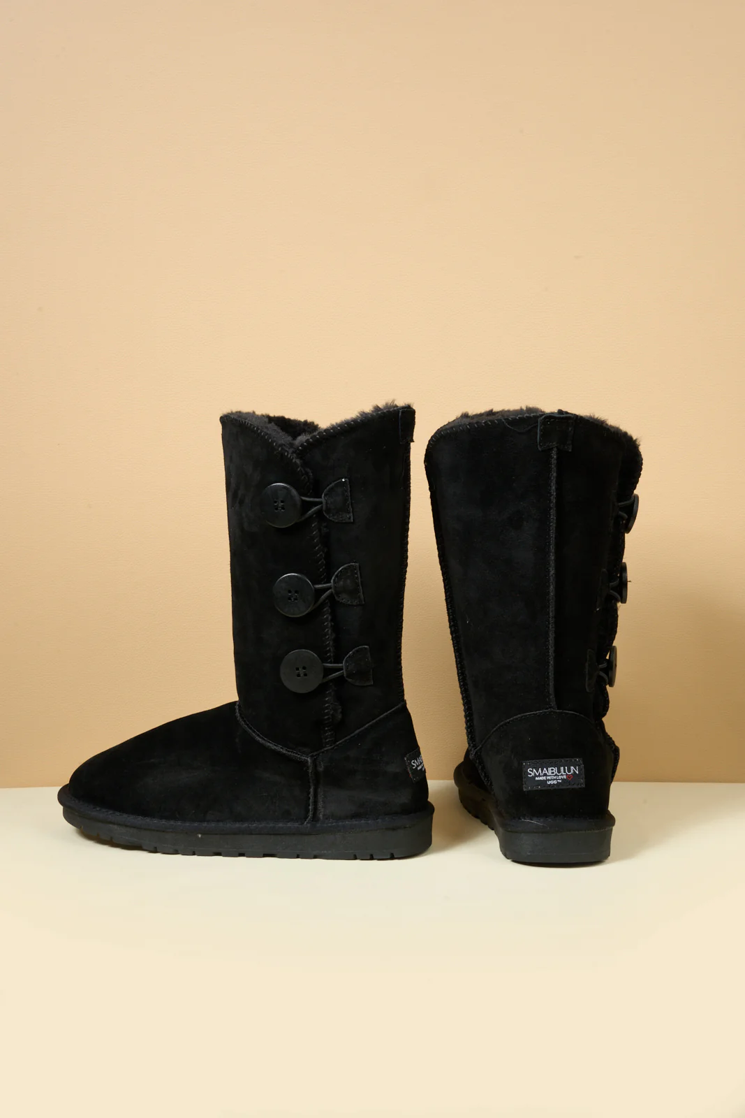SMAIBULUN Ugg | Side Button Faux Fur-Lined Leather Suede Boots - black - Image 13