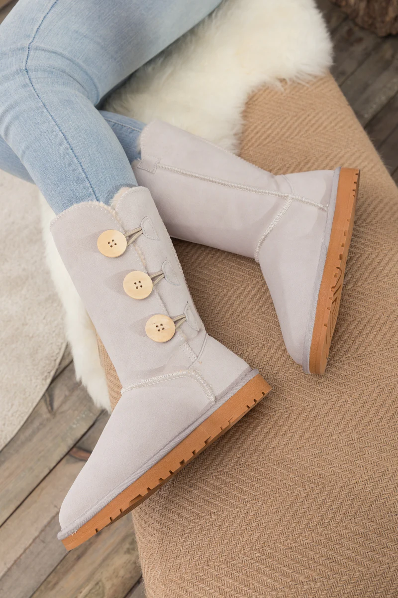 SMAIBULUN Ugg | Side Button Faux Fur-Lined Leather Suede Boots - cream - Image 6