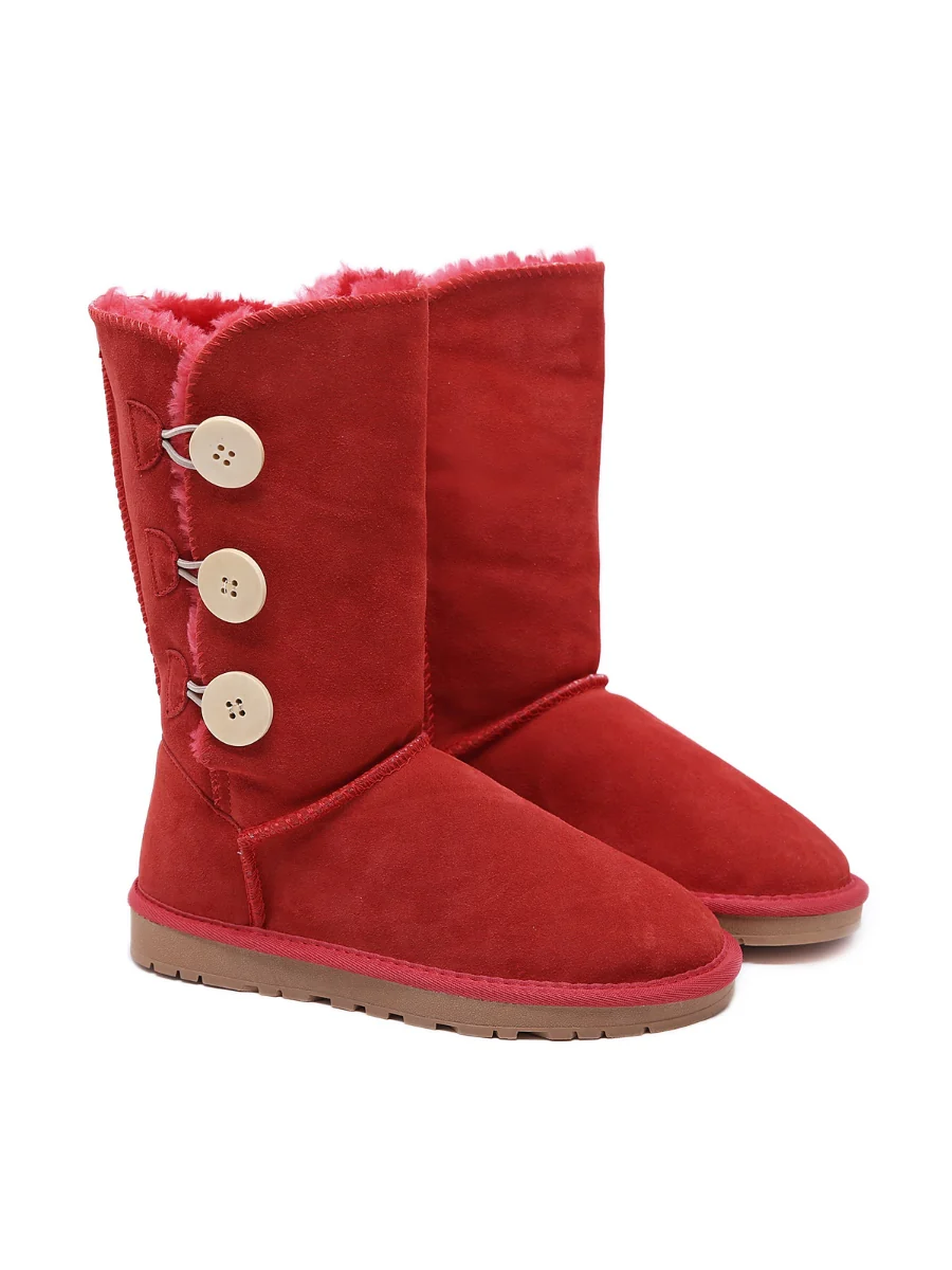 SMAIBULUN Ugg | Side Button Faux Fur-Lined Leather Suede Boots - pink - Image 11
