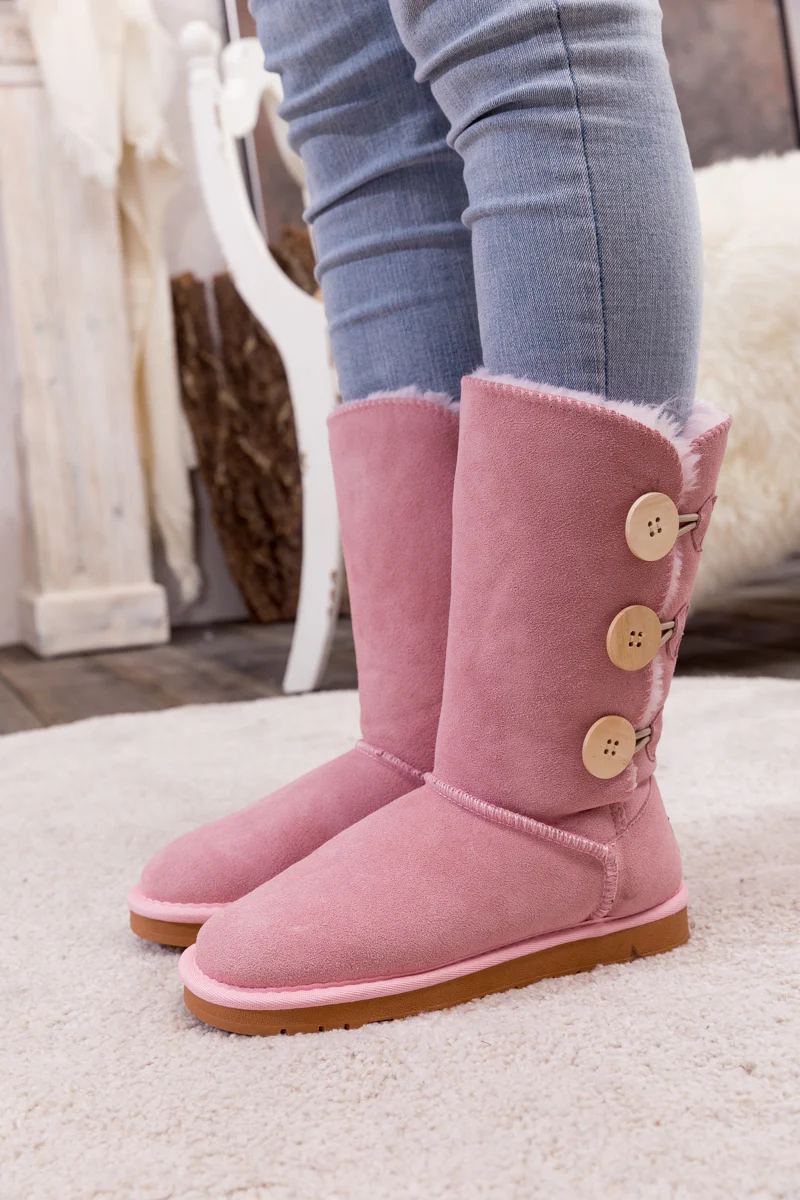 SMAIBULUN Ugg | Side Button Faux Fur-Lined Leather Suede Boots - pink - Image 2