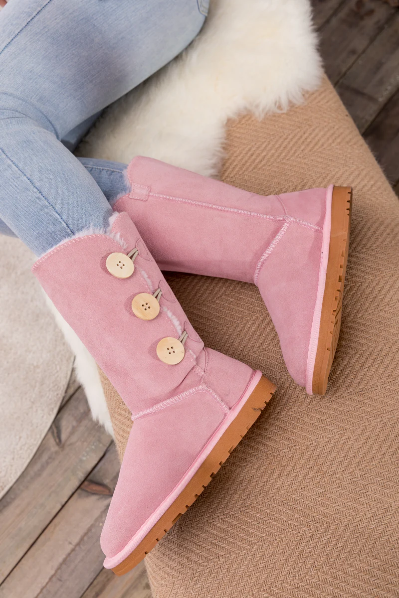 SMAIBULUN Ugg | Side Button Faux Fur-Lined Leather Suede Boots - pink - Image 5