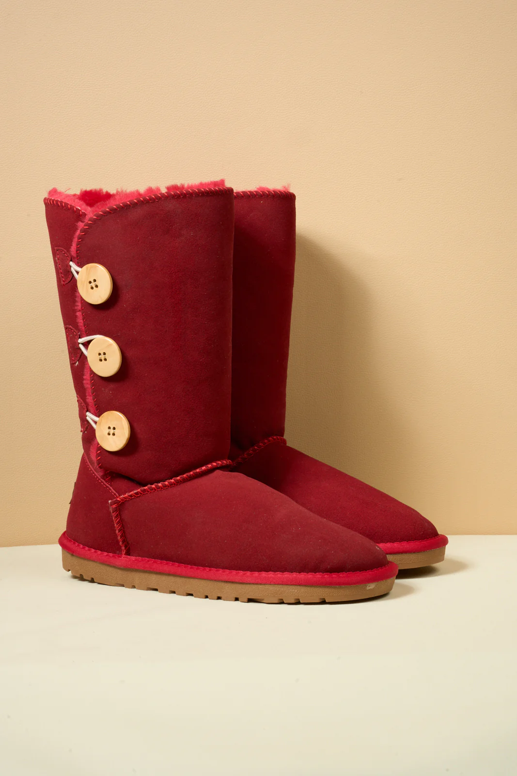 SMAIBULUN Ugg | Side Button Faux Fur-Lined Leather Suede Boots - red - Image 10