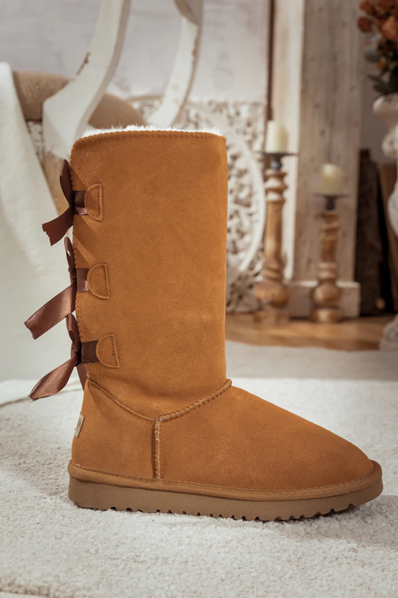 SMAIBULUN Ugg | Tri Ribbon Bow Suede Boots - Chestnut - Image 3