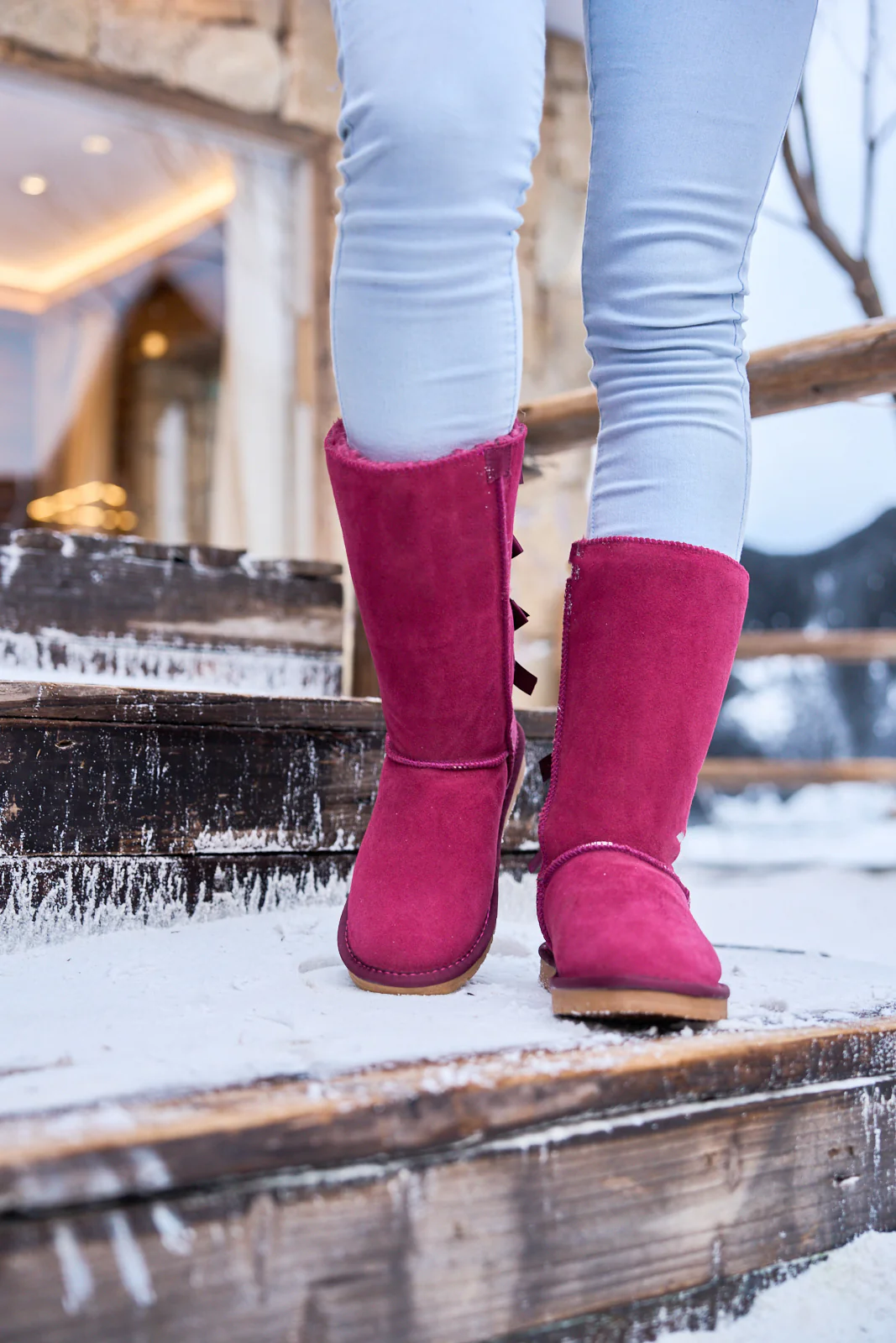 SMAIBULUN Ugg | Tri Ribbon Bow Suede Boots - Claret - Image 2