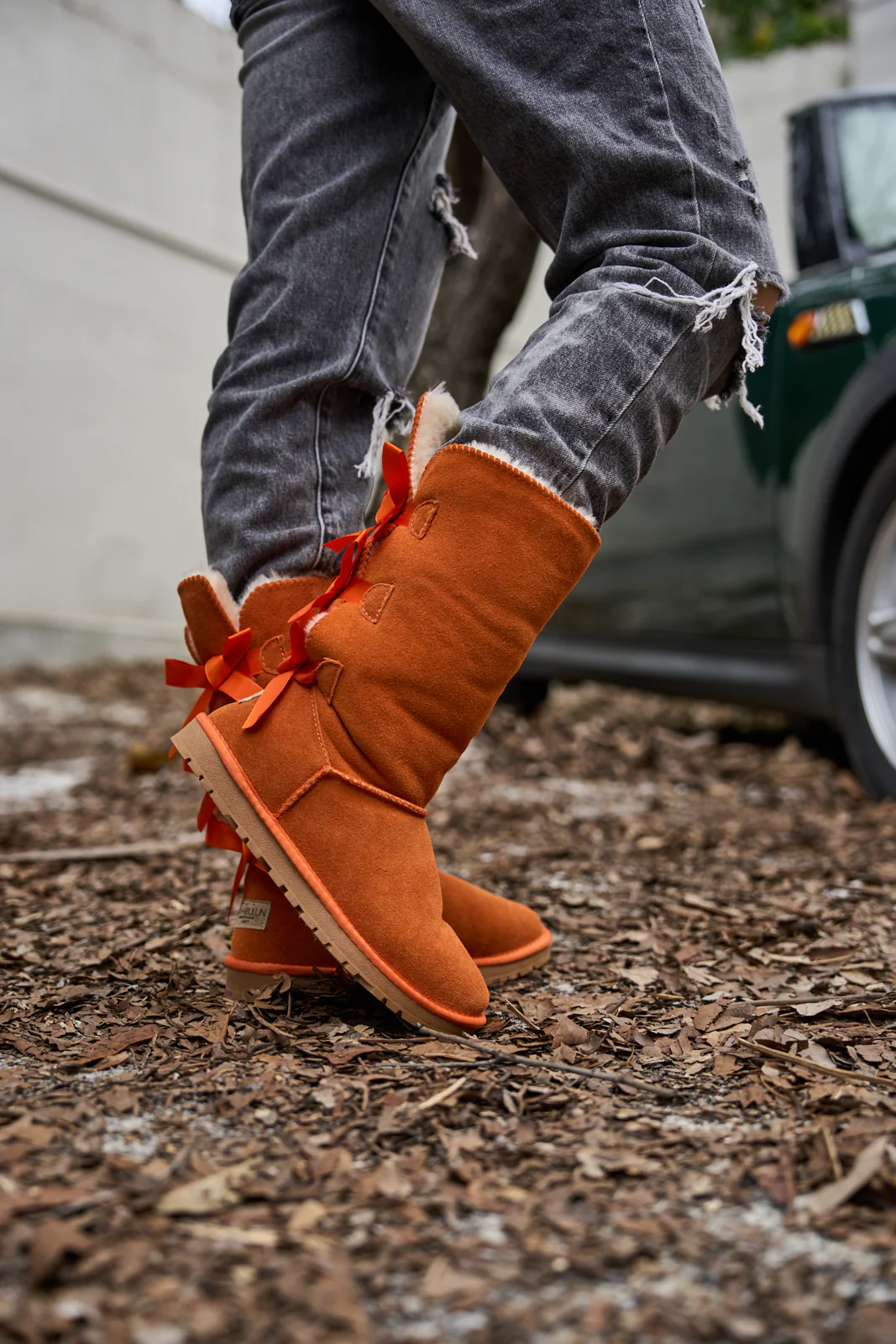 SMAIBULUN Ugg | Tri Ribbon Bow Suede Boots - Orange - Image 5