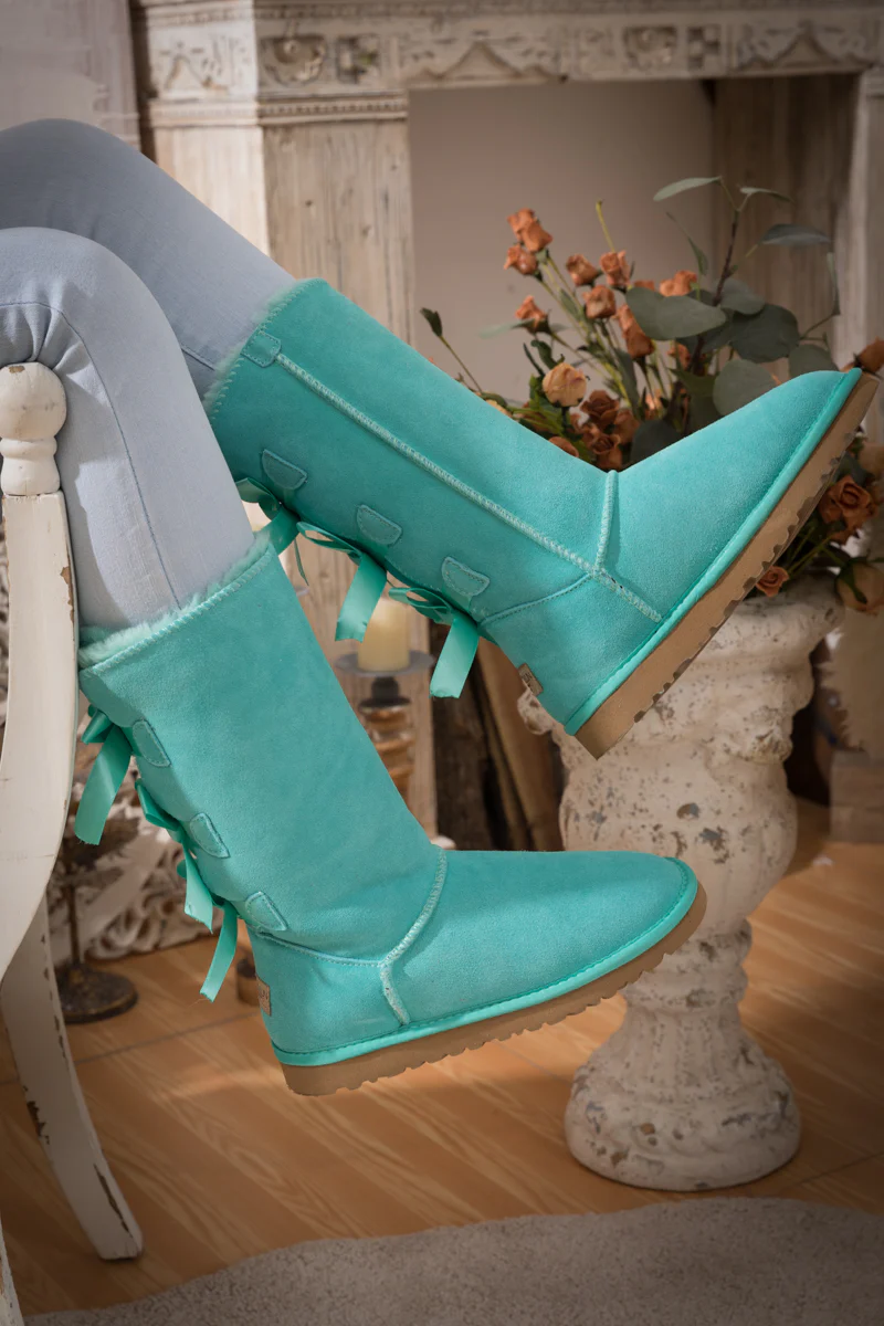 SMAIBULUN Ugg | Tri Ribbon Bow Suede Boots - Turquoise - Image 5