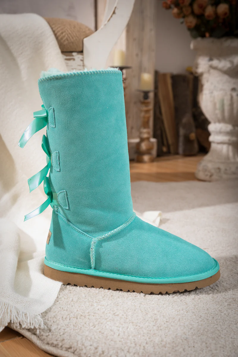 SMAIBULUN Ugg | Tri Ribbon Bow Suede Boots - Turquoise - Image 9