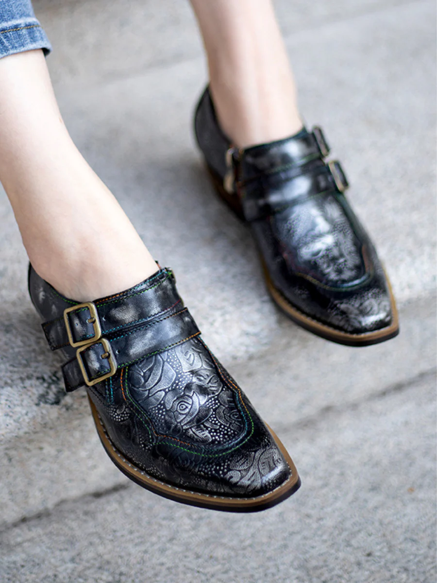 Soffia | Floral Embossed Leather Monk