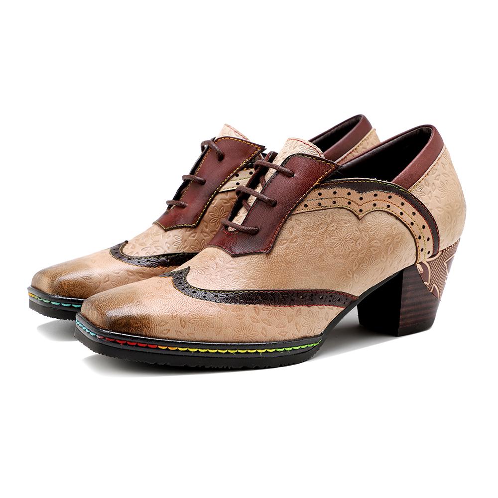 SOFFIA | BEIGE LEATHER ADELE BLOCK HEEL BROGUES OXFORD - Image 4