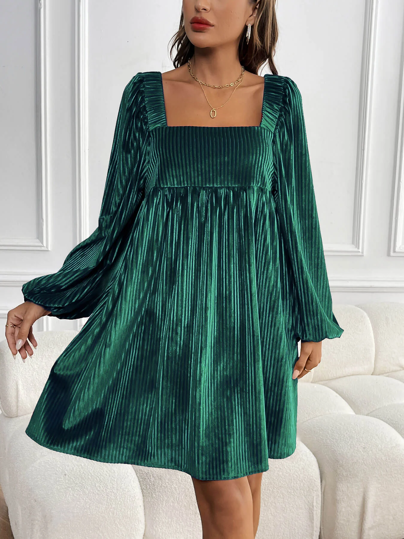 Winny Corduroy Babydoll Mini Dress - Emerald - Image 3
